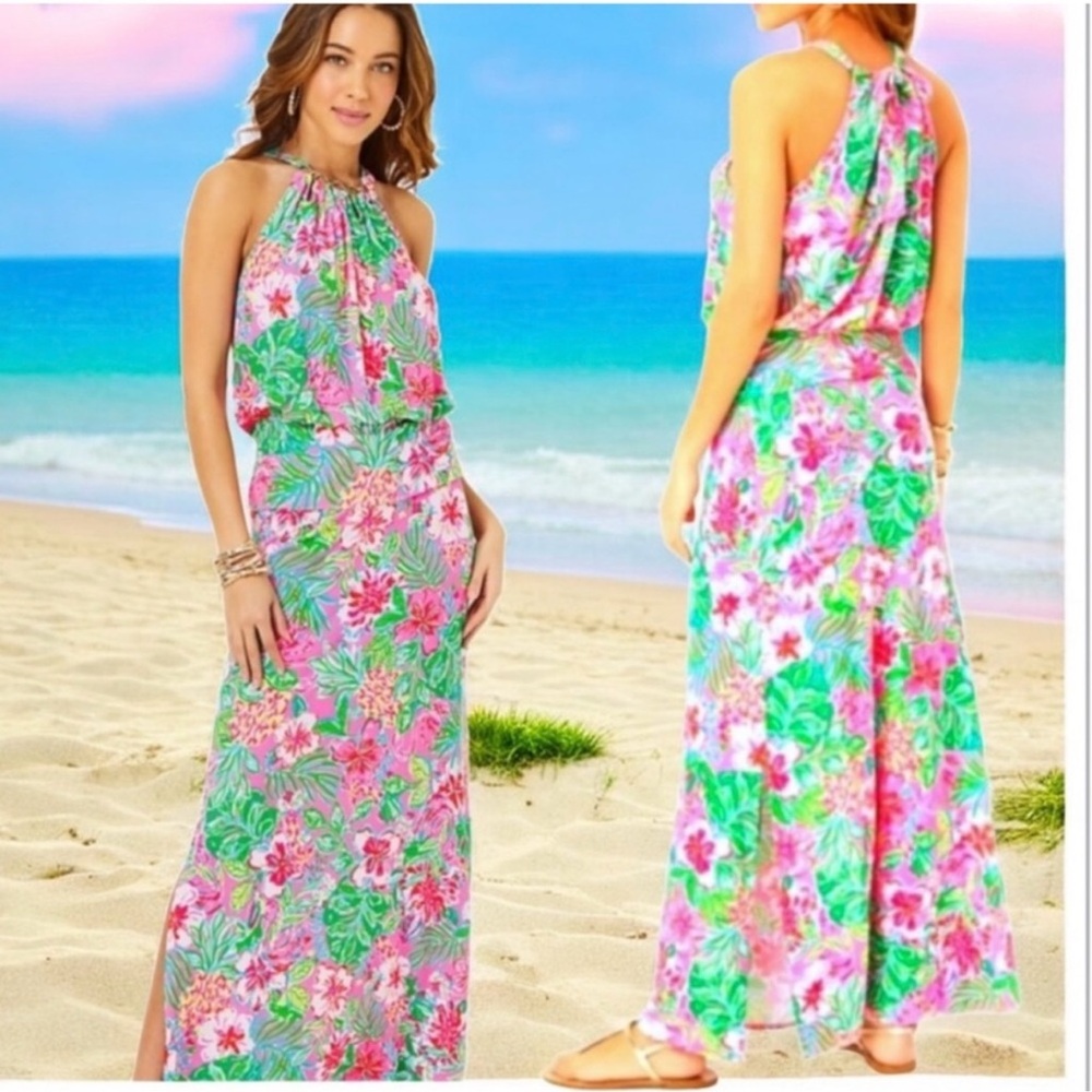 NWT Lilly Pulitzer Shirelle Maxi 2PC Set Stretch Neck Chain Journey Jungle Sz L